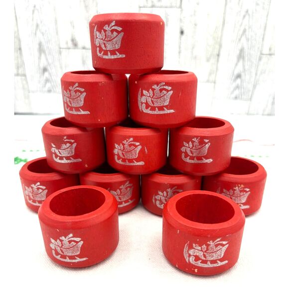 12 Vintage Red Wood Napkin Rings Silver Sleigh Christmas - Picture 1 of 4
